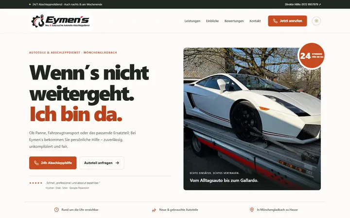 Startseite der Website von Eymen’s Autoteile & Abschleppdienst