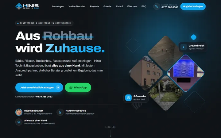 Startseite der Website von Hinis Technik Bau